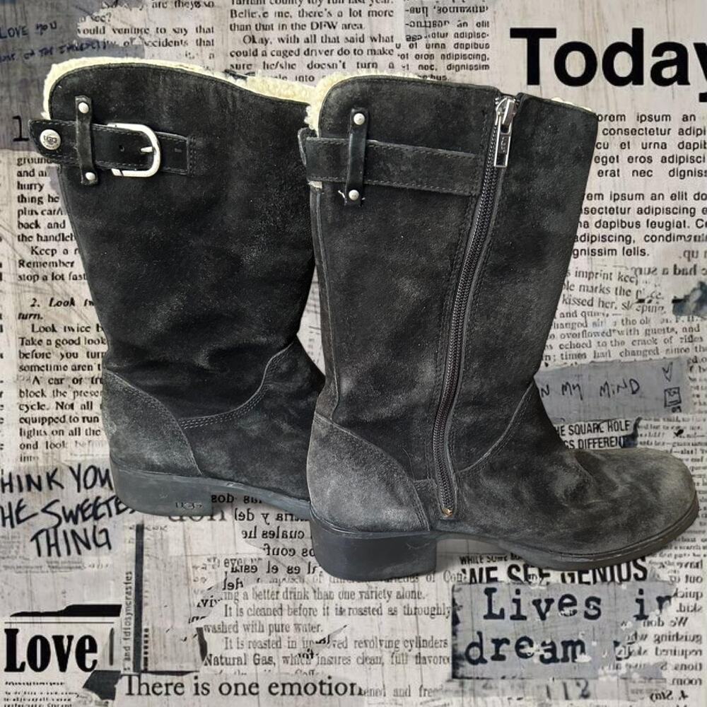 Ugg 1912 madison black suede boots with silver buckle detail and zip